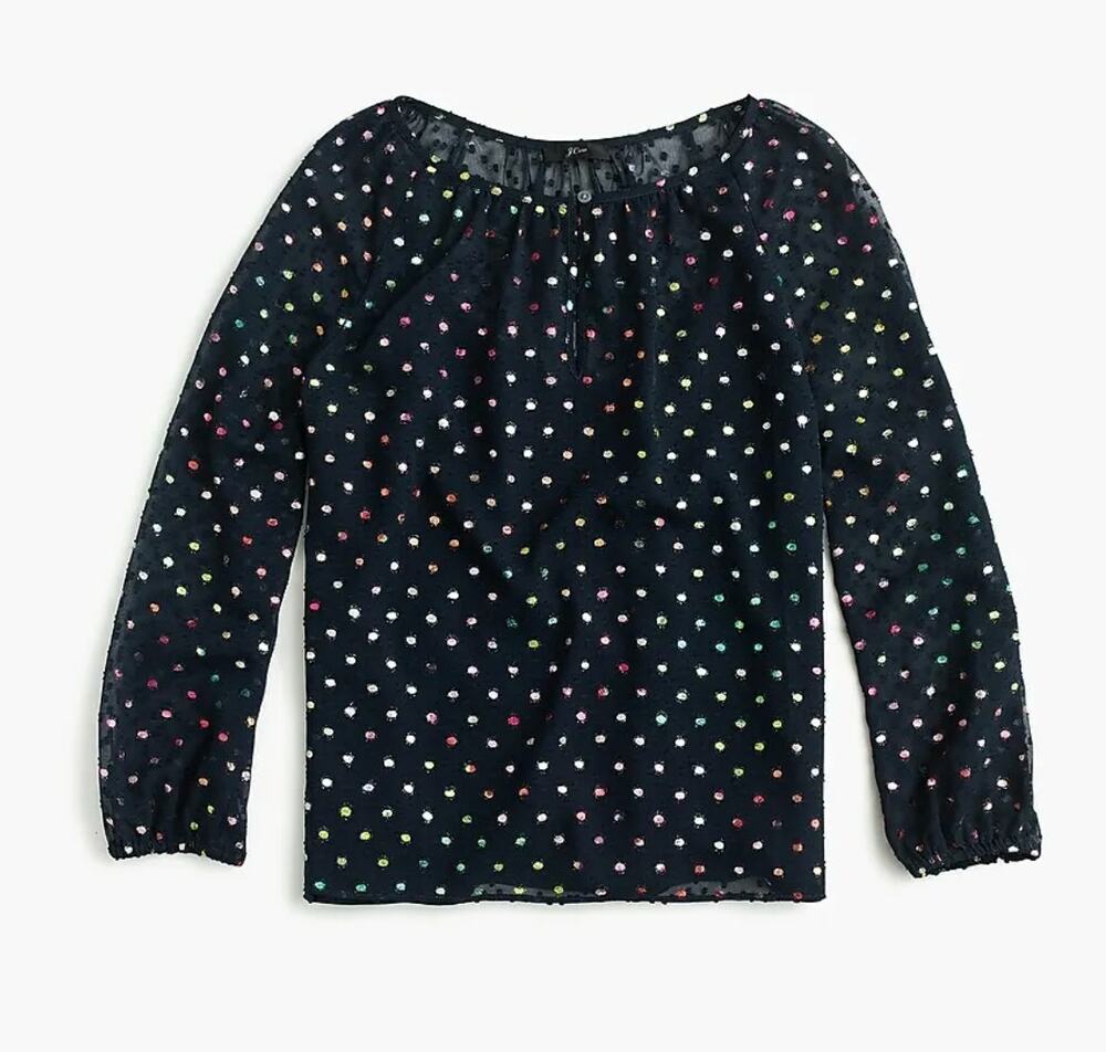 J. Crew Popover Long Sleeve Navy Blue Multi Rainbow Clip Dot Chiffon Blouse M